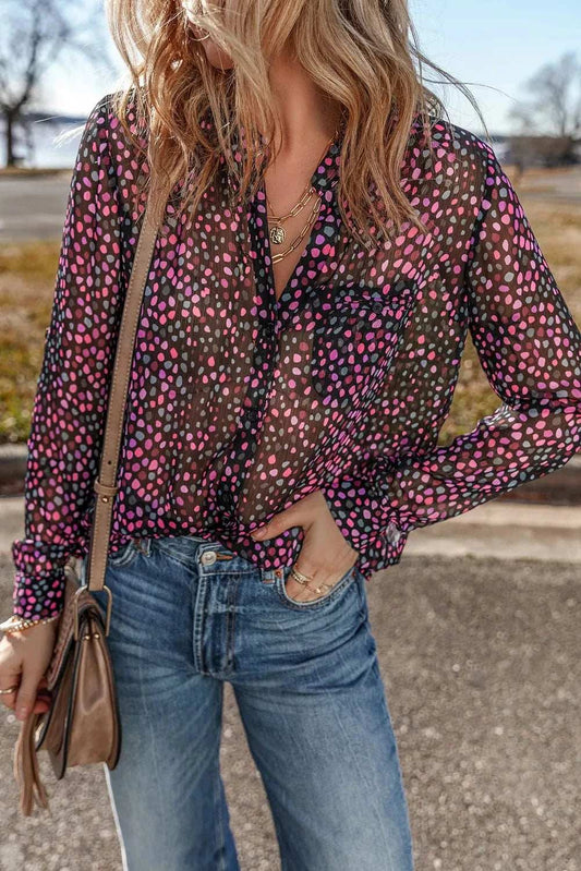 Printed Notched Long Sleeve Blouse - Trendsi - Flyclothing LLC