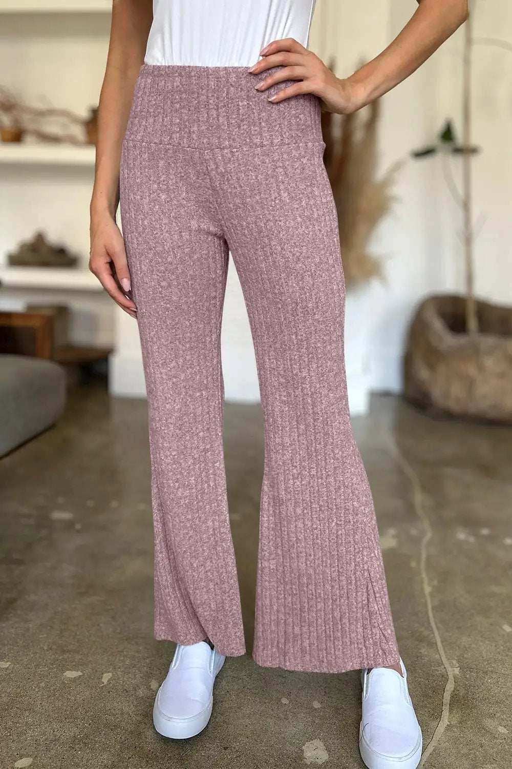 Ribbed High Waist Flare Pants - Trendsi - Flyclothing LLC