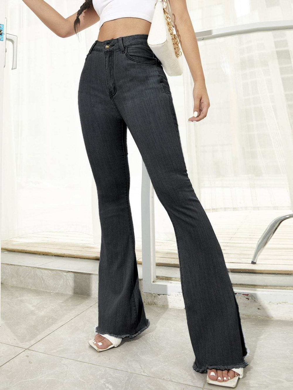 Raw Hem High Waist Flare Jeans - Trendsi - Flyclothing LLC