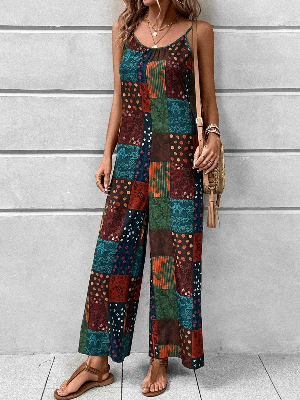 Printed Scoop Neck Spaghetti Strap Jumpsuit - Trendsi - Flyclothing LLC
