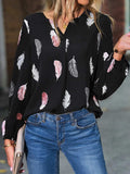 Feather Print Notched Balloon Sleeve Top - Trendsi - Flyclothing LLC