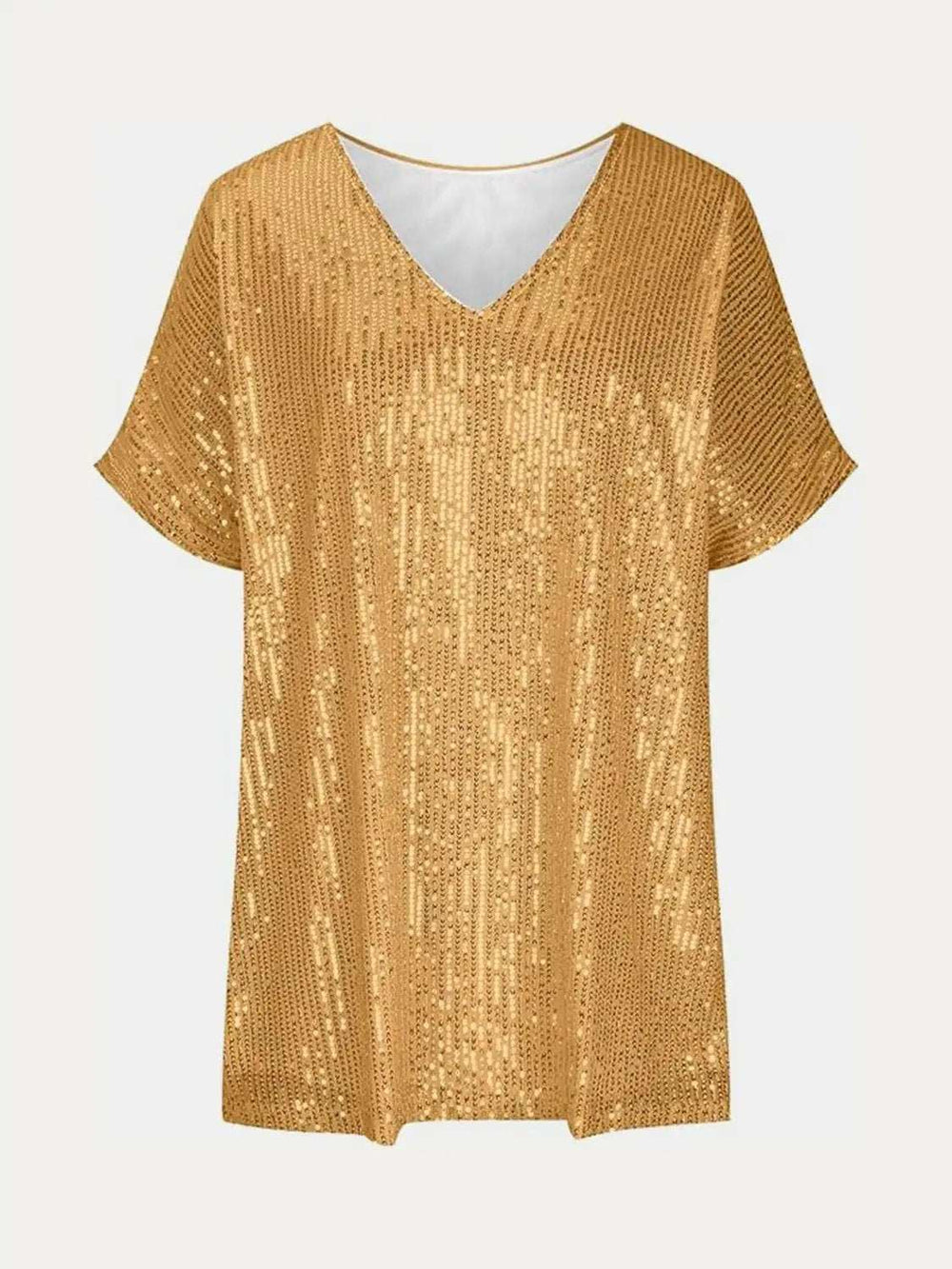 Full Size Sequin V-Neck Short Sleeve Top - Trendsi - Flyclothing LLC