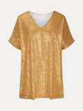 Full Size Sequin V-Neck Short Sleeve Top - Trendsi - Flyclothing LLC