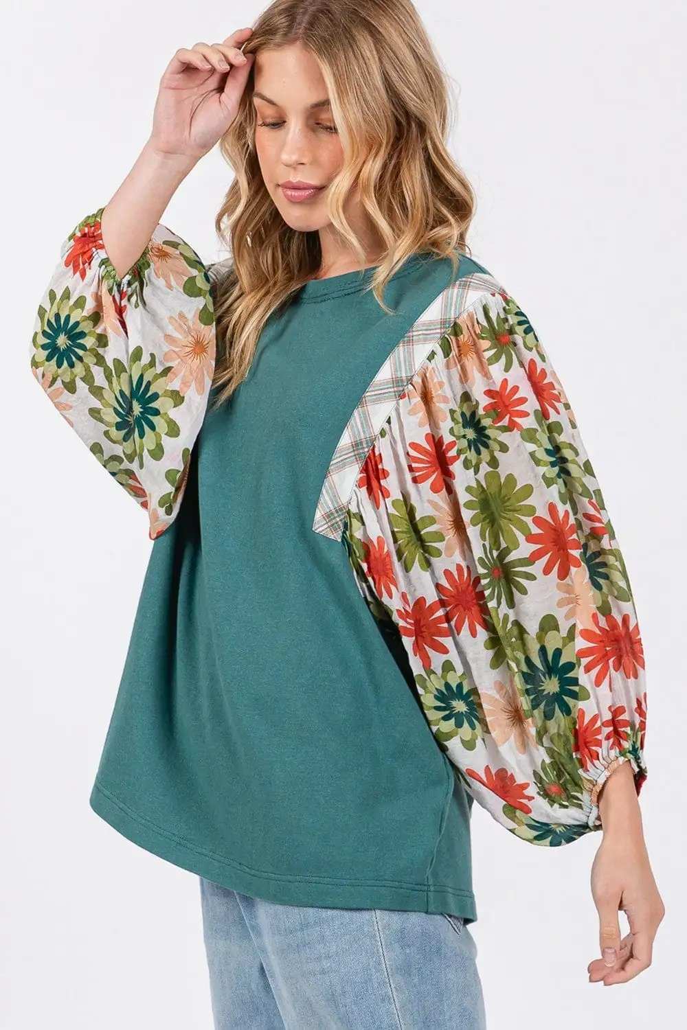 SAGE + FIG Full Size Printed Balloon Sleeve Contrast Top - Trendsi - Flyclothing LLC