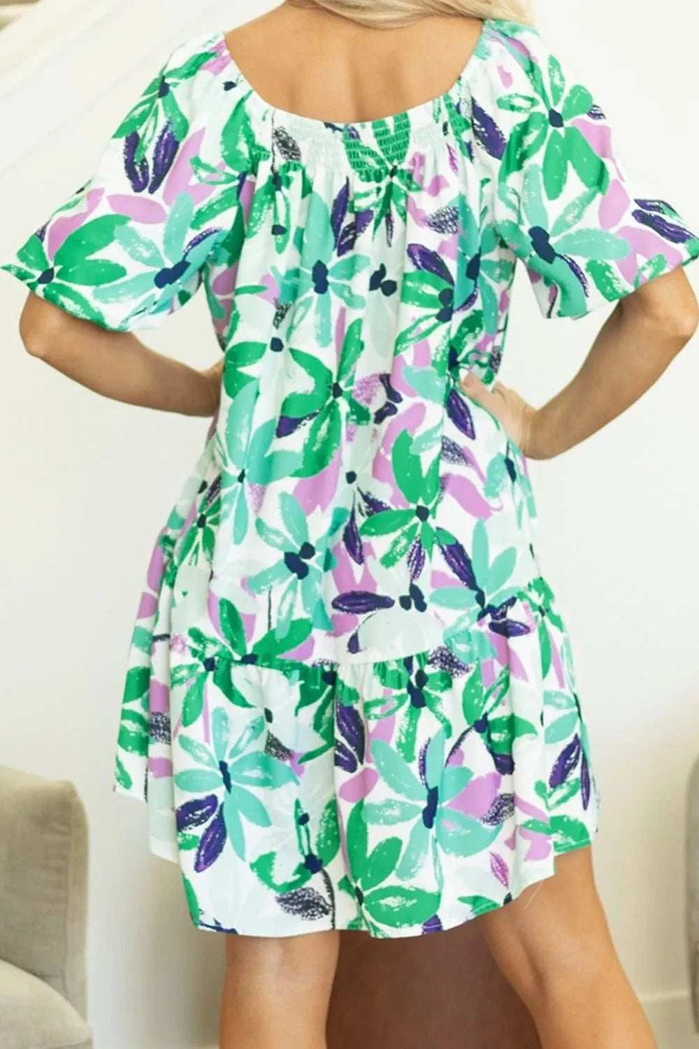 Floral Print Shirred Square Neck Loose Fit Mini Dress - Trendsi - Flyclothing LLC