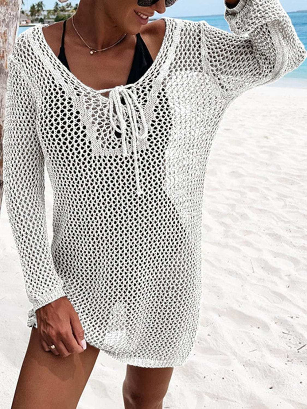 Openwork Tie Neck Cover-Up - Trendsi - Flyclothing LLC