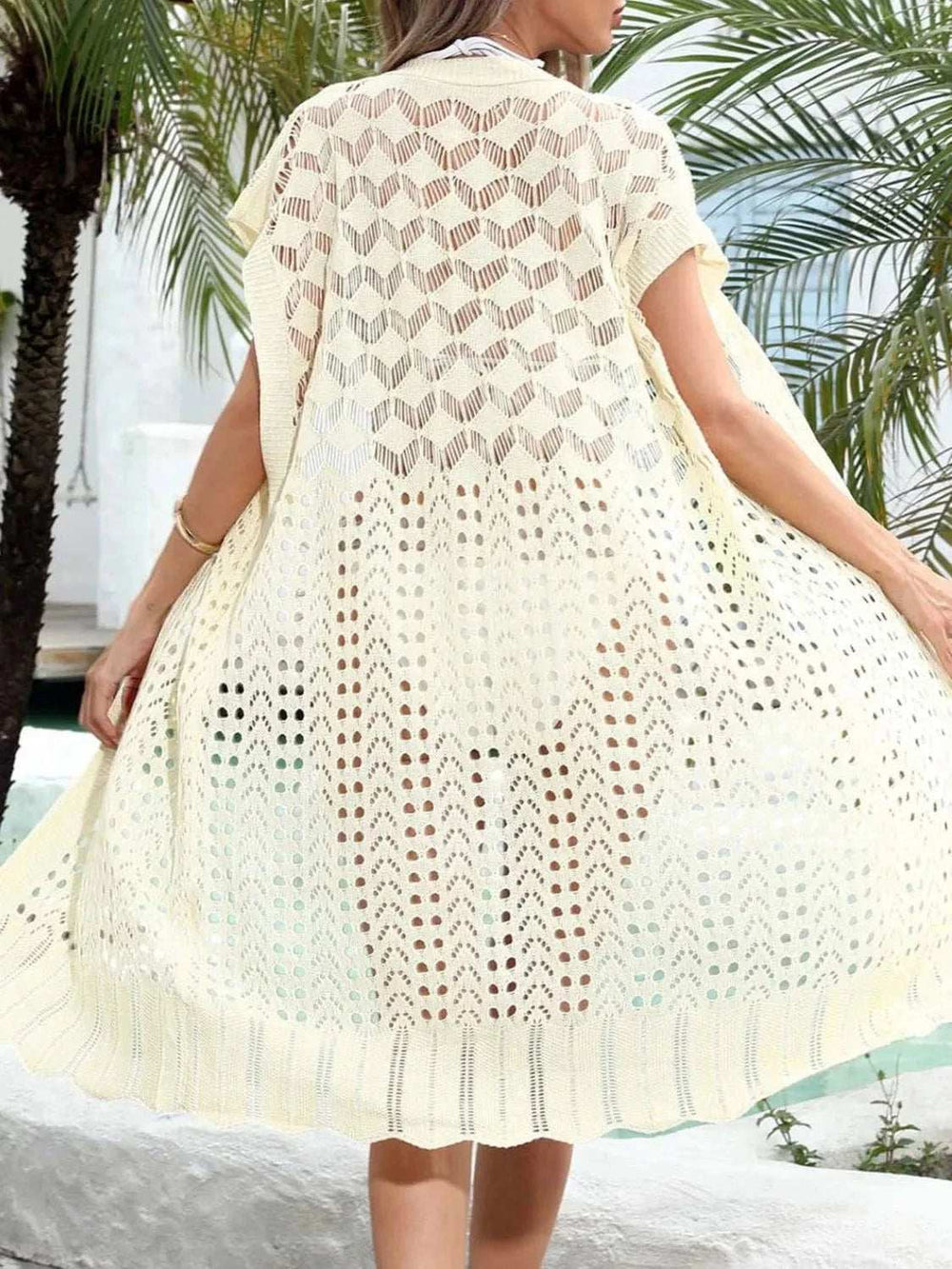 Open Front Short Sleeve Openwork Cover-Up - Trendsi - Flyclothing LLC