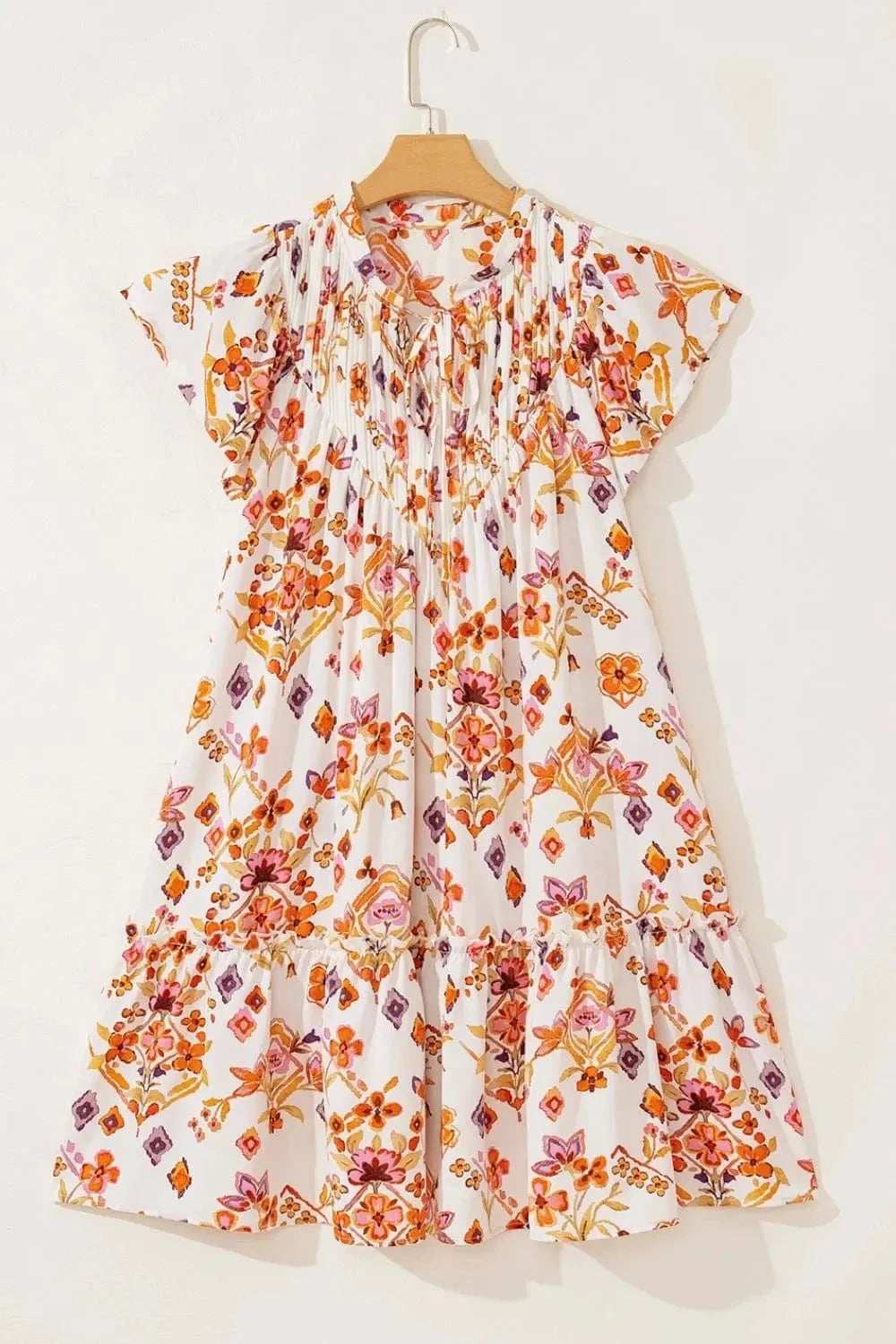 Printed Tie Neck Cap Sleeve Mini Dress - Trendsi - Flyclothing LLC