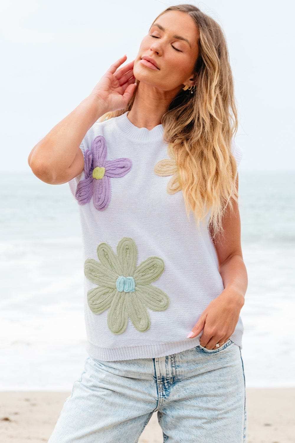 Crochet Flower Round Neck Sweater Vest - Trendsi - Flyclothing LLC