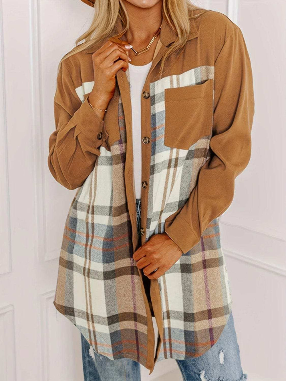 Plaid Collared Neck Long Sleeve Jacket - Trendsi - Flyclothing LLC