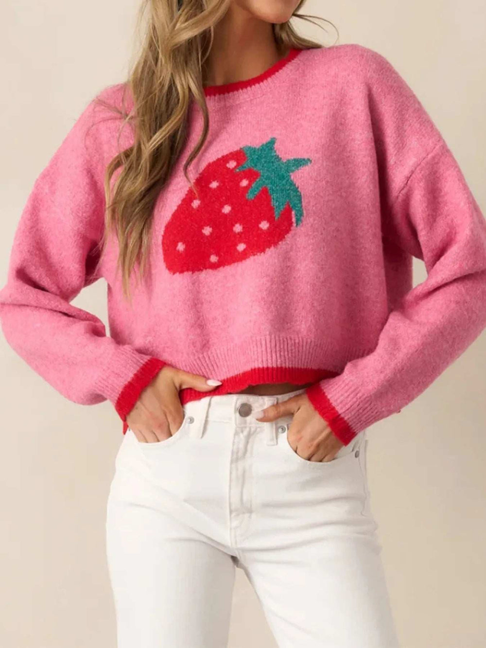 Strawberry Round Neck Long Sleeve Sweater - Trendsi - Flyclothing LLC