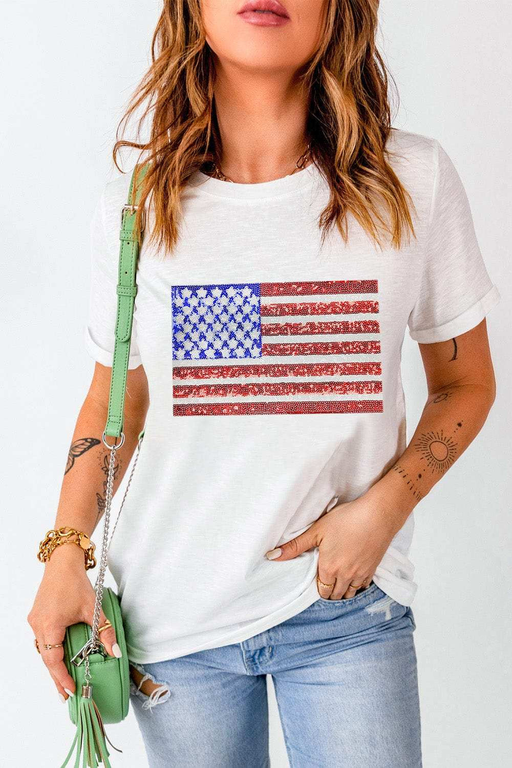 US Flag Round Neck Short Sleeve T-Shirt - Trendsi - Flyclothing LLC