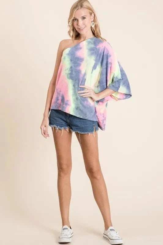 BiBi Tie Dye French Terry One Shoulder Top with Dolman - Trendsi - Flyclothing LLC