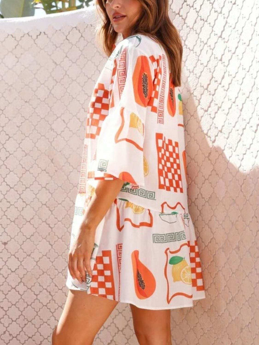 Printed Three-Quarter Sleeve Mini Dress - Trendsi - Flyclothing LLC