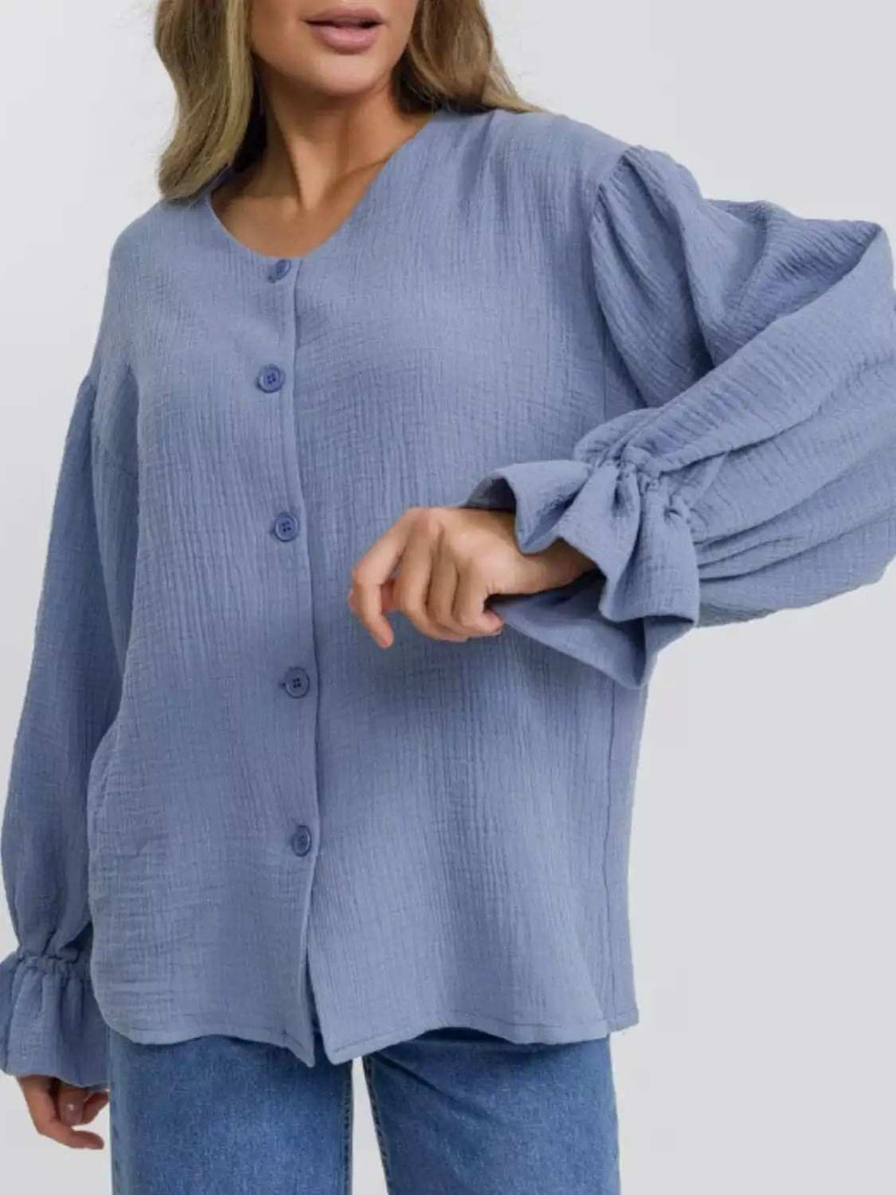 Button Up Flounce Sleeve Shirt - Trendsi - Flyclothing LLC
