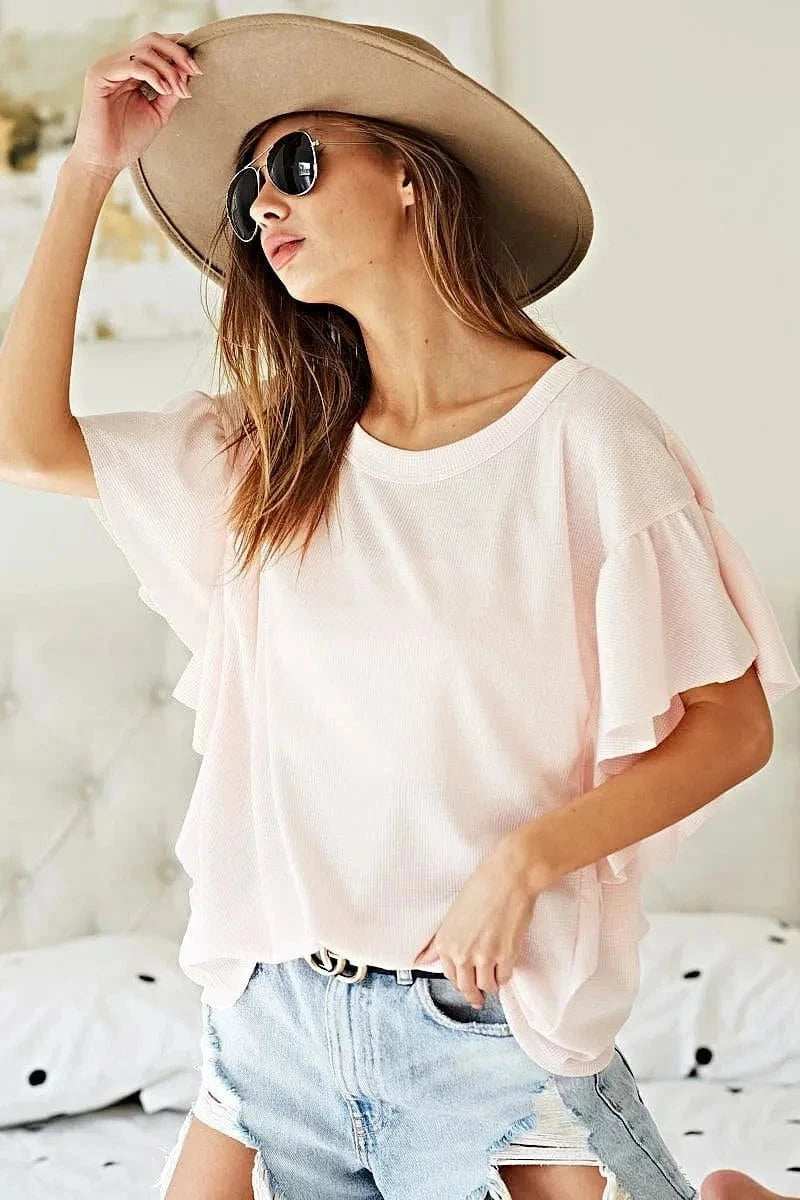 BiBi Thermal Knit with Ruffled Sleeve Top - Trendsi - Flyclothing LLC