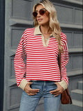 Striped Johnny Collar Long Sleeve Sweatshirt - Trendsi - Flyclothing LLC