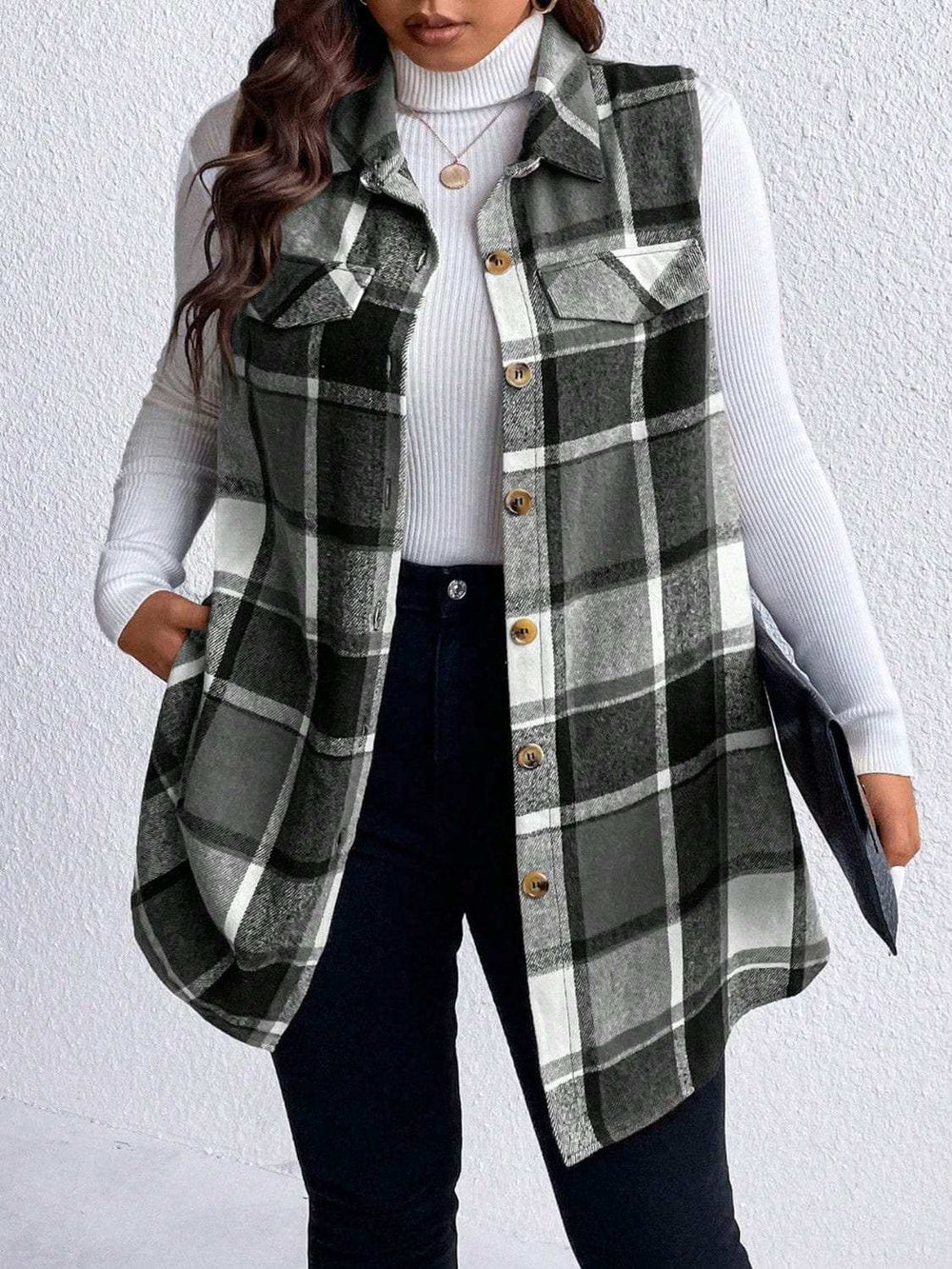 Honey Plus Size Pocketed Plaid Button Up Vest Coat - Trendsi - Flyclothing LLC