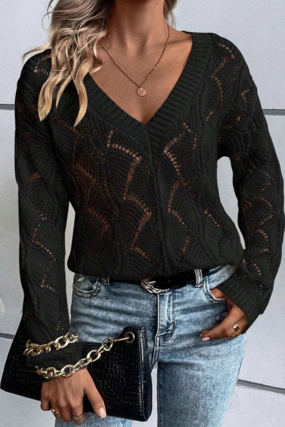 Openwork V-Neck Long Sleeve Sweater - Trendsi - Flyclothing LLC