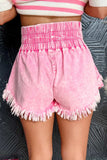 Washed Wide Smocked Waistband Frayed Denim Shorts - Trendsi - Flyclothing LLC
