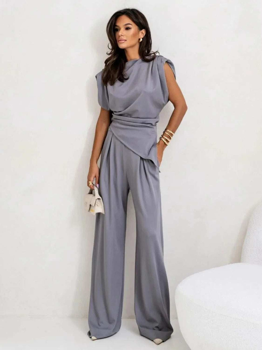Slit Ruched Top and Wide Leg Pants Set - Trendsi - Flyclothing LLC