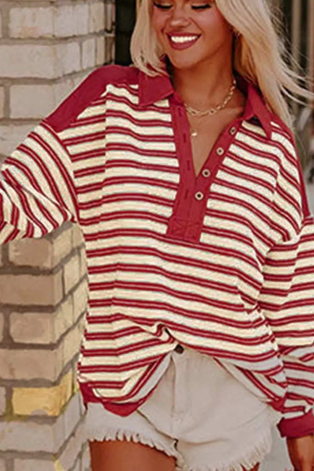 Stripe Johnny Collar Drop Shoulder Sweatshirt - Trendsi - Flyclothing LLC