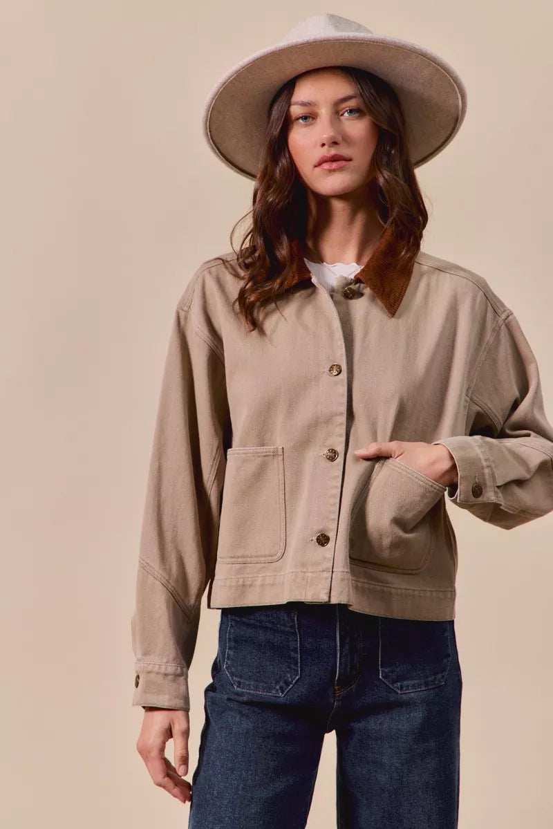 SO ME Cotton Twill Cropped Barn Jacket wtih Collar - Trendsi - Flyclothing LLC
