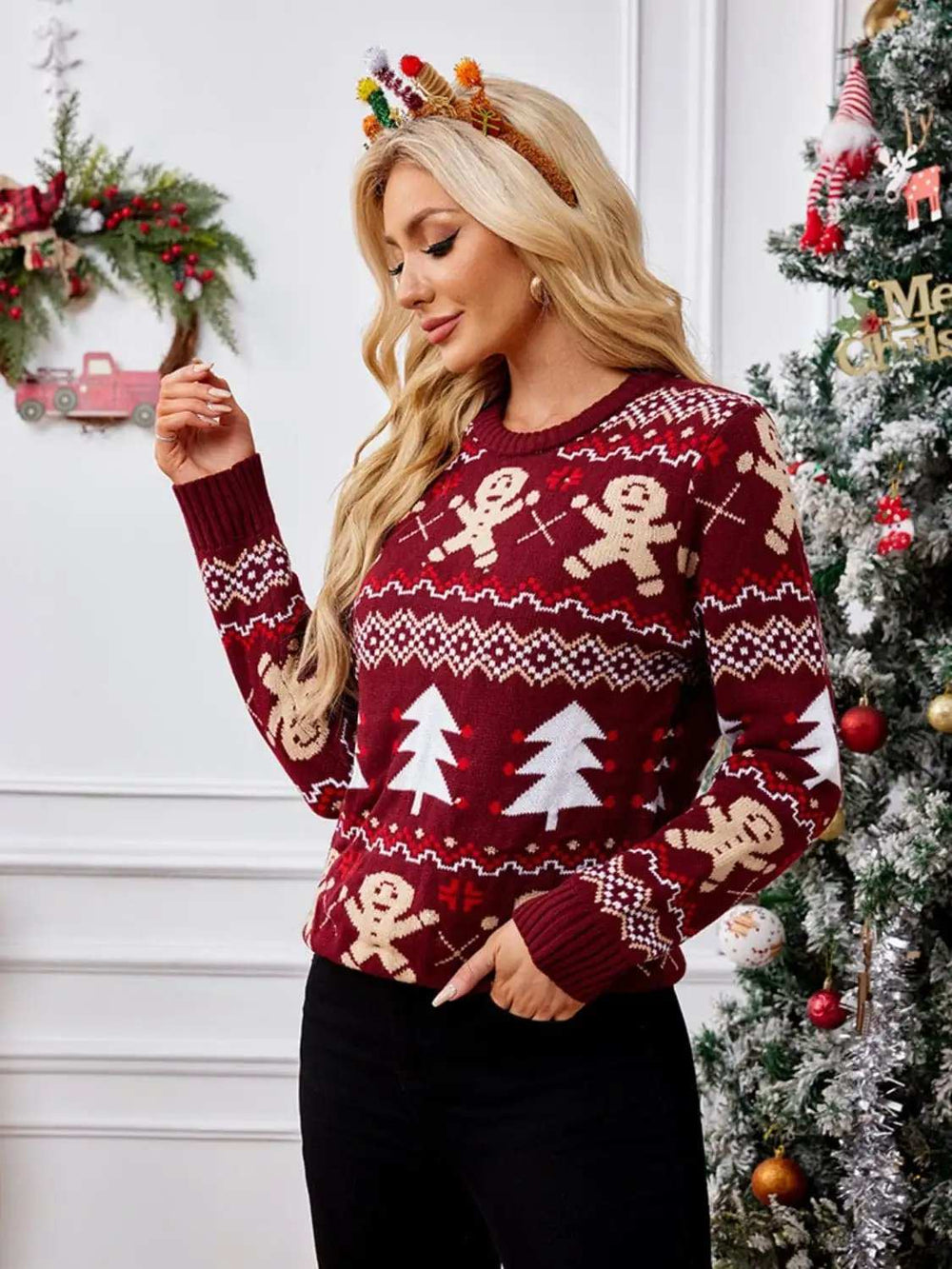 Gingerbread Round Neck Long Sleeve Sweater - Trendsi - Flyclothing LLC