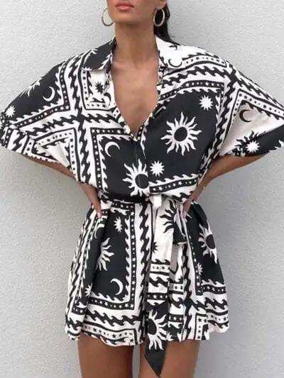 Printed Tie Waist Half Sleeve Romper - Trendsi - Flyclothing LLC