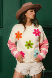BiBi Colorful Floral Patched Sweater with Striped Sleeve - Trendsi - Flyclothing LLC