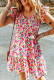 Smocked Floral V-Neck Ruffled Cap Sleeve Dress - Trendsi - Flyclothing LLC