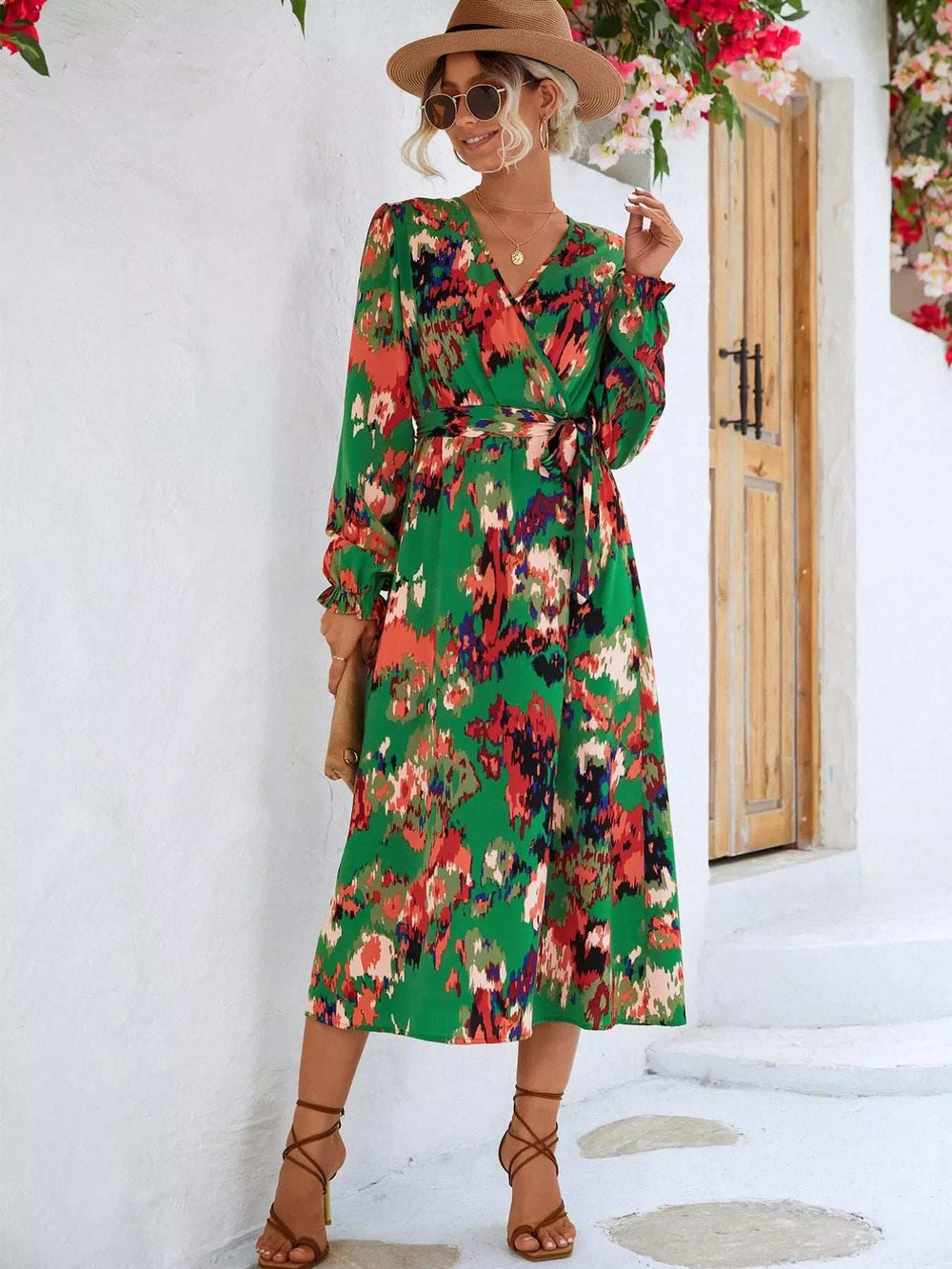 Printed Surplice Long Sleeve Midi Dress - Trendsi - Flyclothing LLC