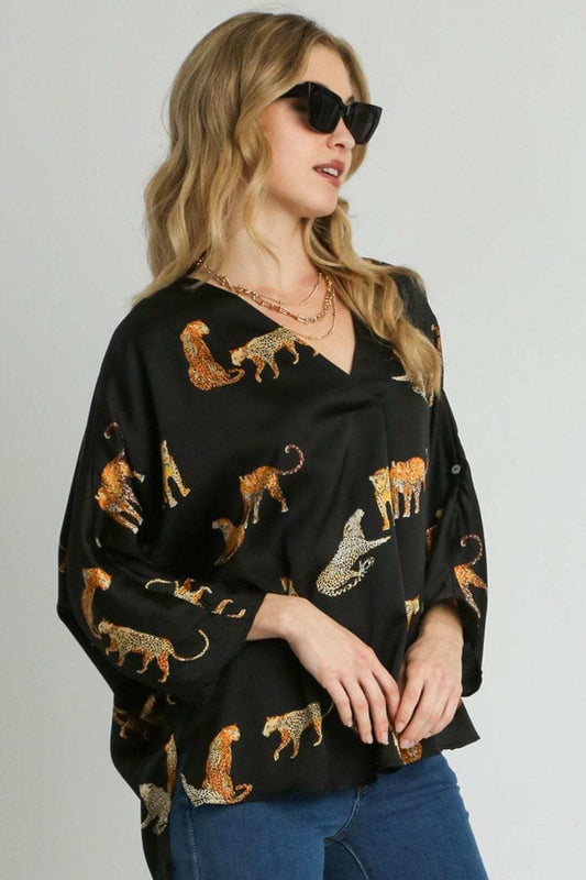 Umgee Full Size High-Low Satin Animal Print V-Neck Blouse Plus Size - Trendsi - Flyclothing LLC