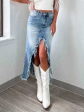 High-Waist Raw Hem Asymmetry Denim Skirt - Trendsi - Flyclothing LLC