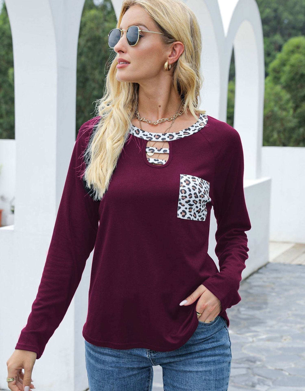 Cutout Leopard Round Neck Long Sleeve T-Shirt - Trendsi - Flyclothing LLC