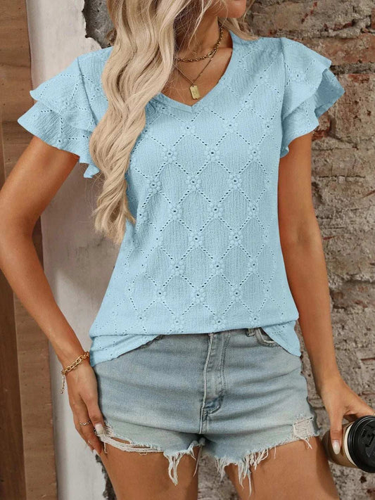 Eyelet V-Neck Ruffled Cap Sleeve Top - Trendsi - Flyclothing LLC