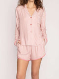 Striped Collared Neck Long Sleeve Top and Shorts Lounge Set - Trendsi - Flyclothing LLC