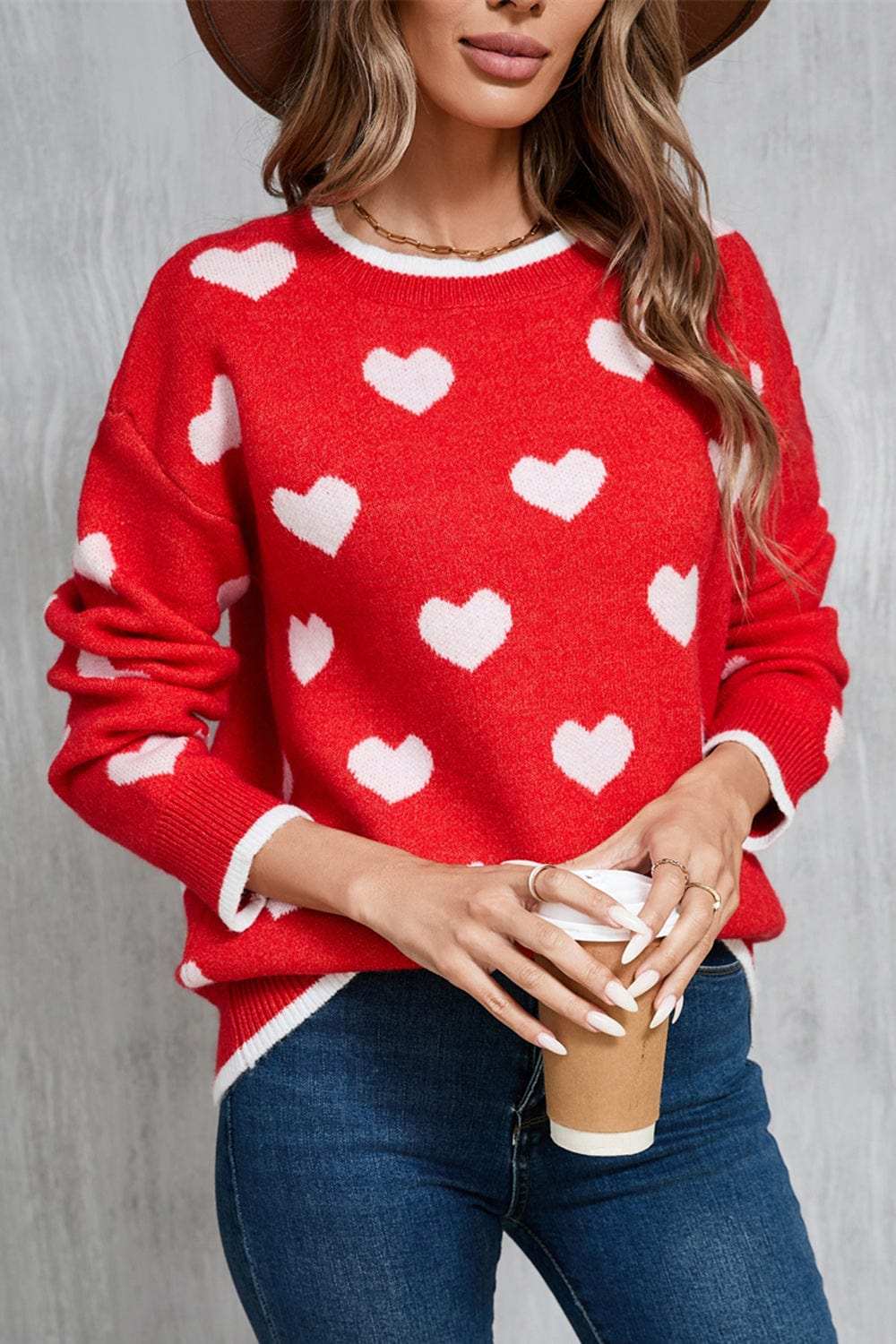 Angel Wings Contrast Trim Heart Round Neck Sweater - Trendsi - Flyclothing LLC