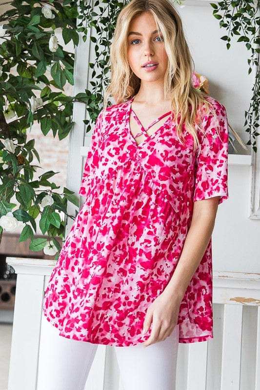 Heimish Full Size Short Sleeve Crisscross Animal Babydoll Top Plus Size - Trendsi - Flyclothing LLC