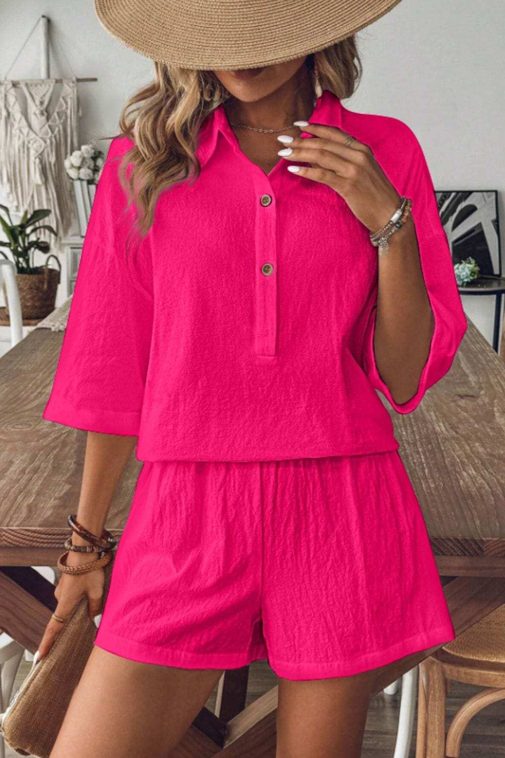 Collared Neck Half Sleeve Top and Shorts Set - Trendsi - Flyclothing LLC