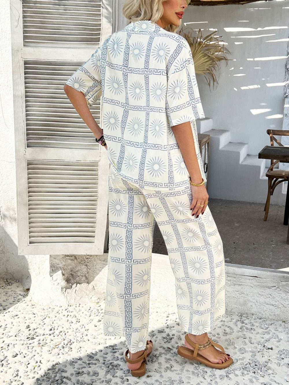 Devine Printed Collared Neck Half Sleeve Top and Pants Set - Trendsi - Flyclothing LLC