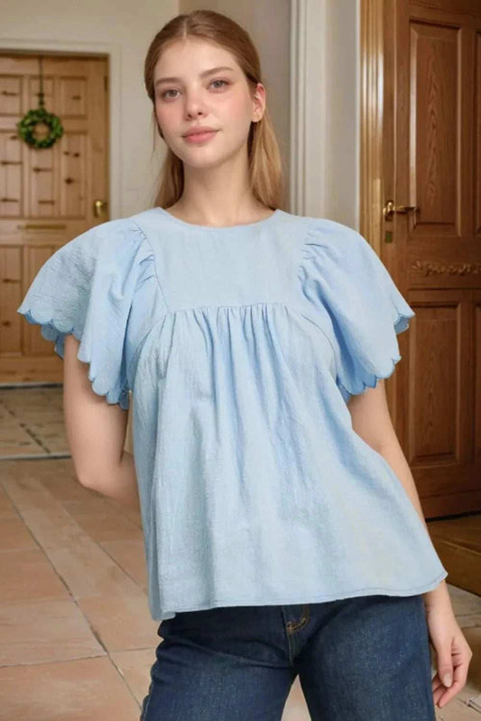 Solid Color Embroidered Scalloped Sleeves Crew Neck Blouse - Trendsi - Flyclothing LLC