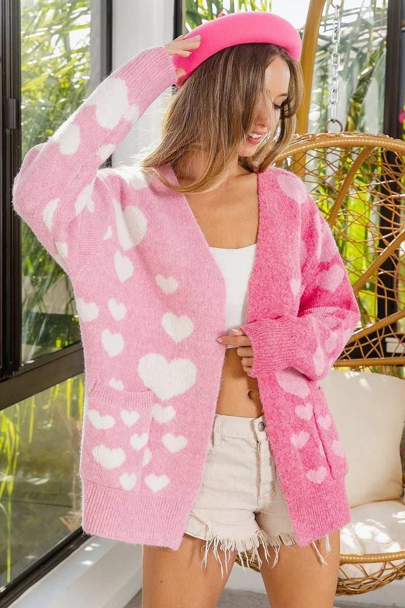 BiBi Heart Color Block V-Beck Knit Cardigan with Pockets - Trendsi - Flyclothing LLC
