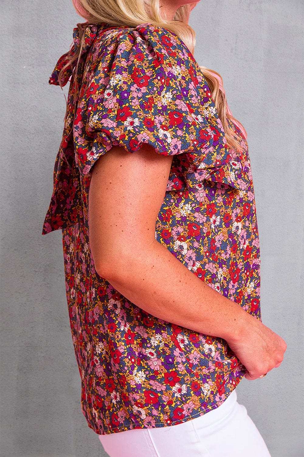 Printed Mock Neck Short Sleeve Blouse - Trendsi - Flyclothing LLC