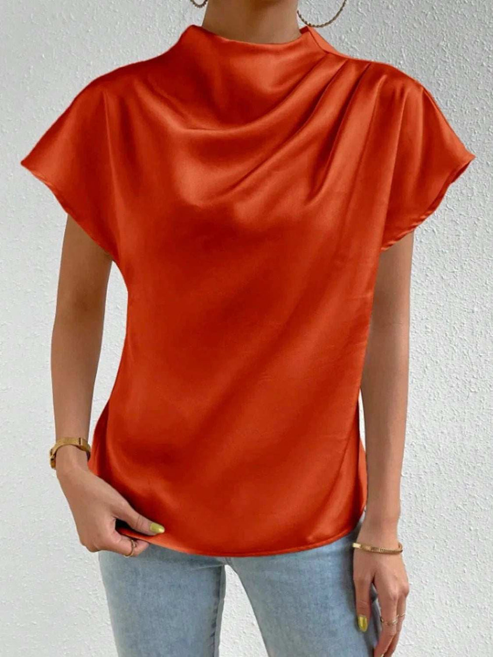Mock Neck Short Sleeve Blouse - Trendsi - Flyclothing LLC