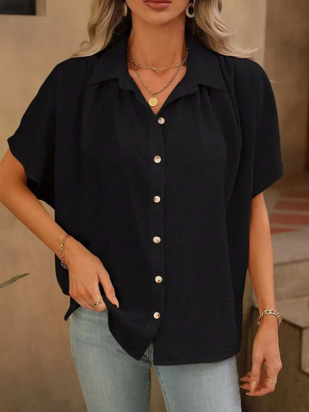 Contrast Collared Neck Short Sleeve Shirt - Trendsi - Flyclothing LLC