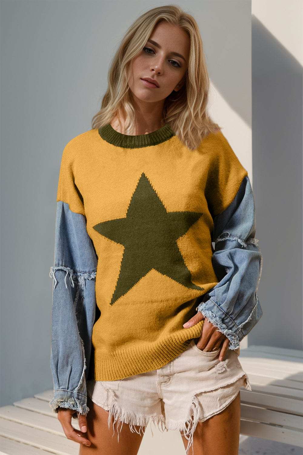 Double Take Full Size Star Pattern Raw Edge Long Sleeve Sweater - Trendsi - Flyclothing LLC