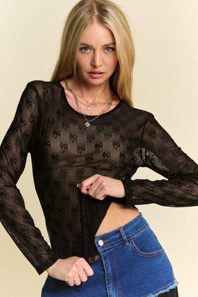 Davi & Dani Bow Mesh Round Neck Long Sleeve Top - Trendsi - Flyclothing LLC