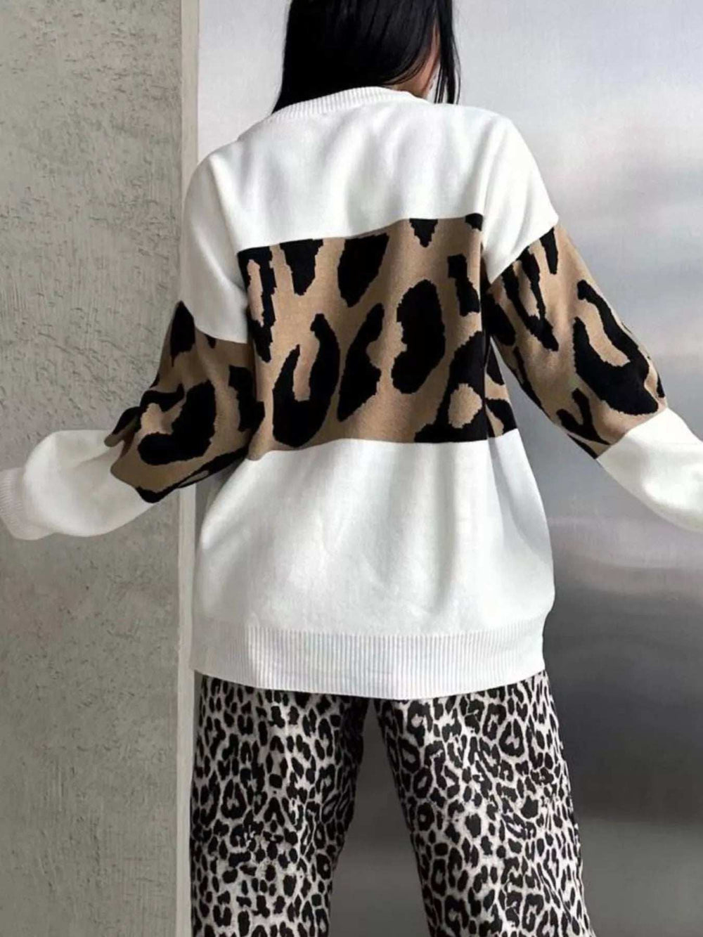 Leopard Color Block Round Neck Sweater - Trendsi - Flyclothing LLC