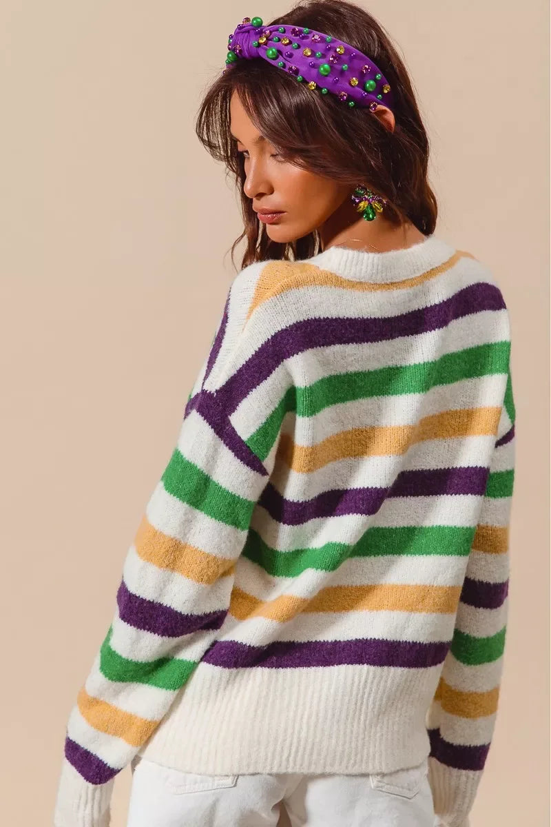 SO ME Mardi Gras Color Stripe Round Neck Sweater Top - Trendsi - Flyclothing LLC